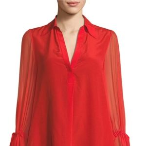 Alice + Olivia Geraldine Silk Bow-Sleeve Red Top